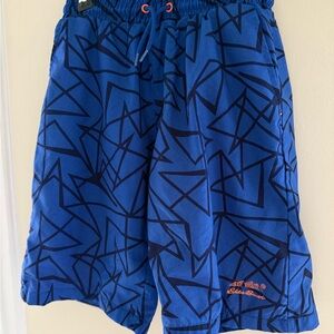 Eddie Bauer Boy’s Blue Orange Geometric Pattern Swim Trunks Kids Size 10/12 NWOT